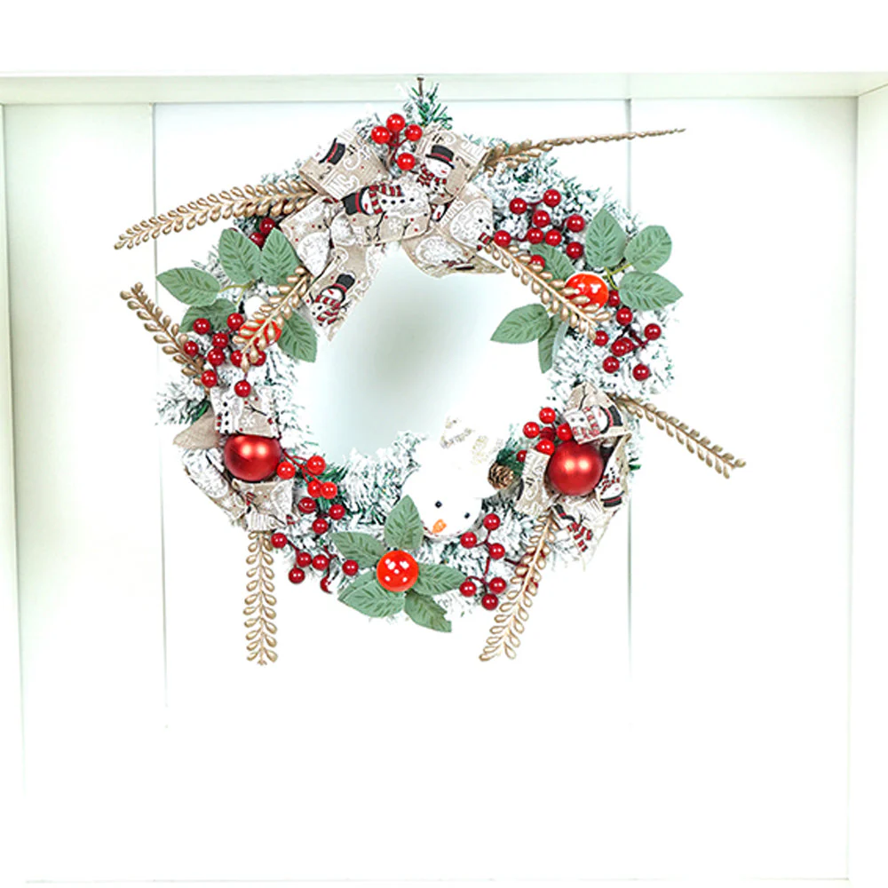 17 inches White Bushy Christmas Wreath with Snowman Berries & Jute accents Christmas Wall and Door Décor - Image 2