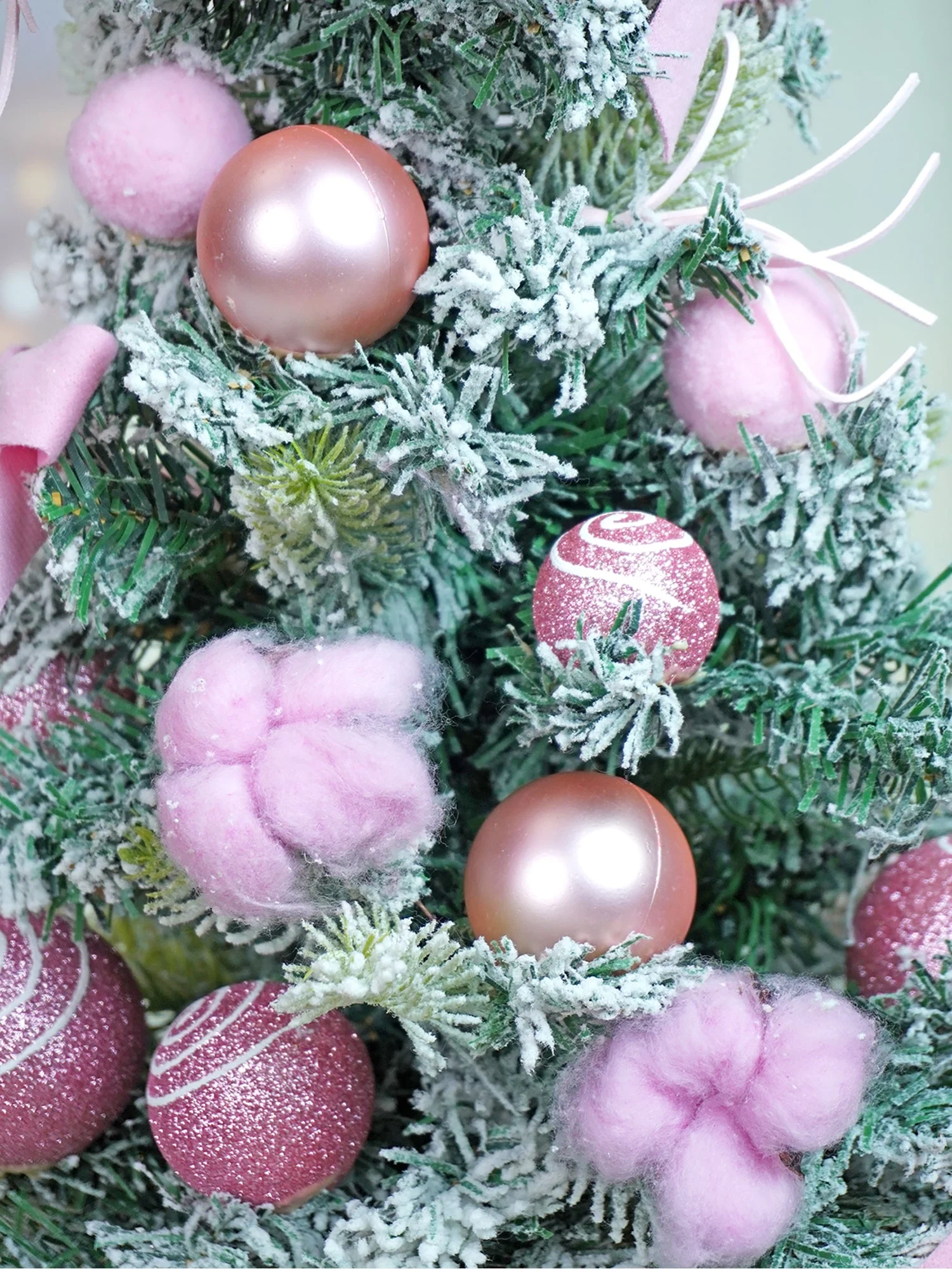 2 feet pastel Pink Swirl Snowy Bushy Christmas Tree filled with balls and ornament Fillers - Image 3