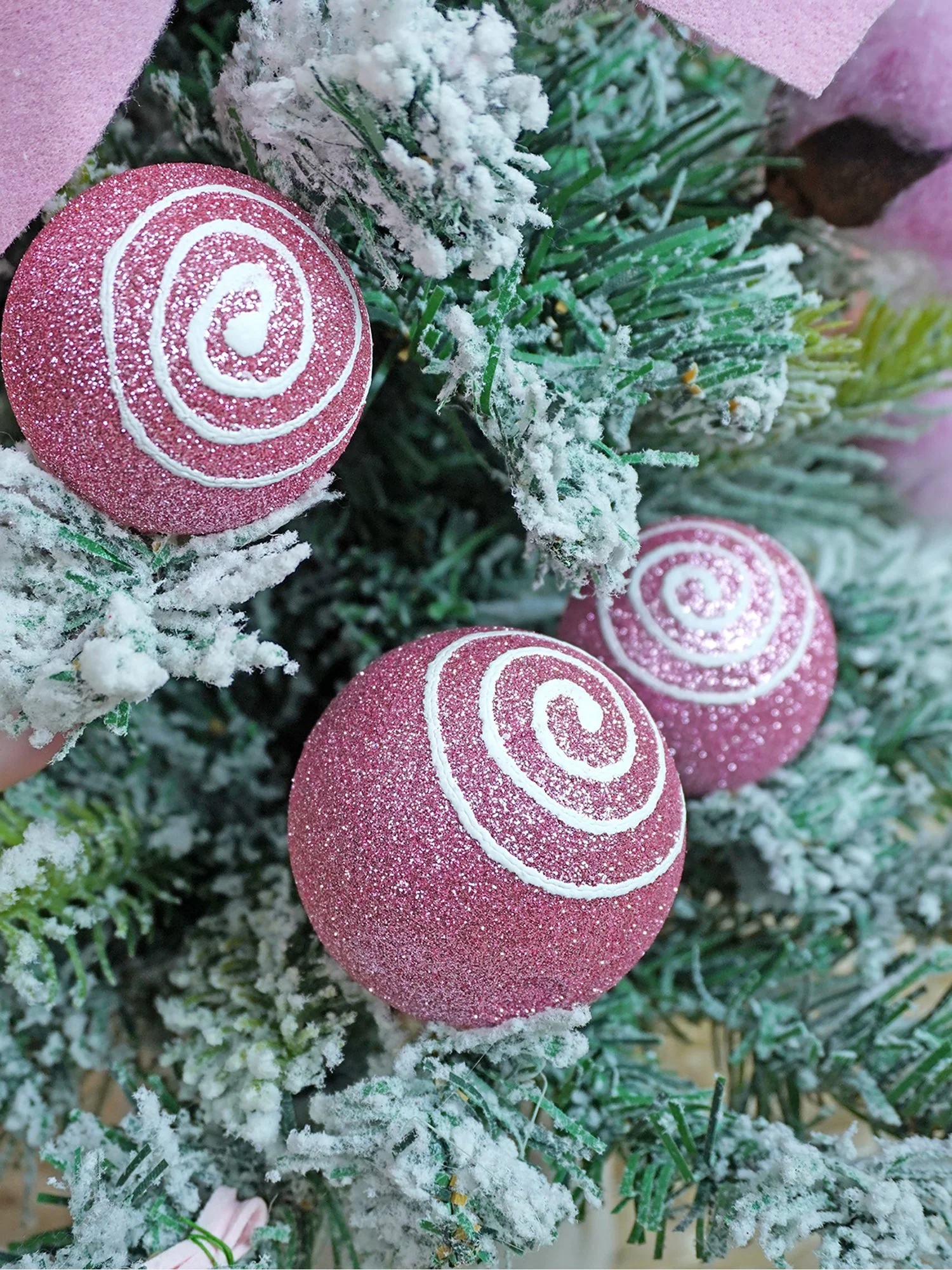 2 feet pastel Pink Swirl Snowy Bushy Christmas Tree filled with balls and ornament Fillers - Image 4