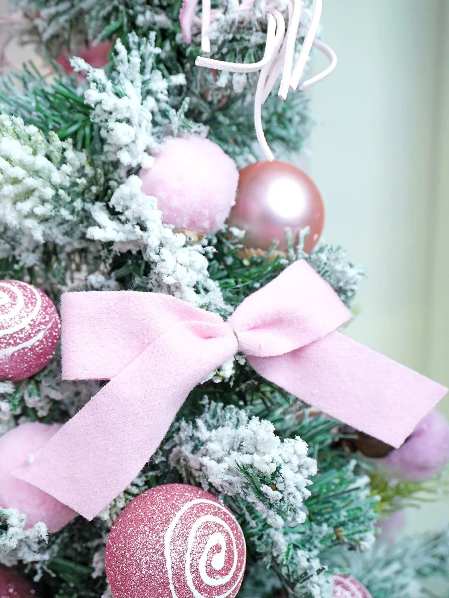 2 feet pastel Pink Swirl Snowy Bushy Christmas Tree filled with balls and ornament Fillers - Image 5