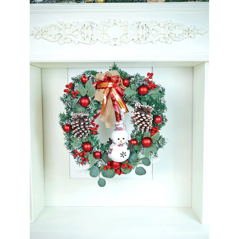 22 inches Bushy Frosty Big Red Gold Bow Snowman with heavy fillers Artificial Christmas wreath for Christmas Décor - Image 3