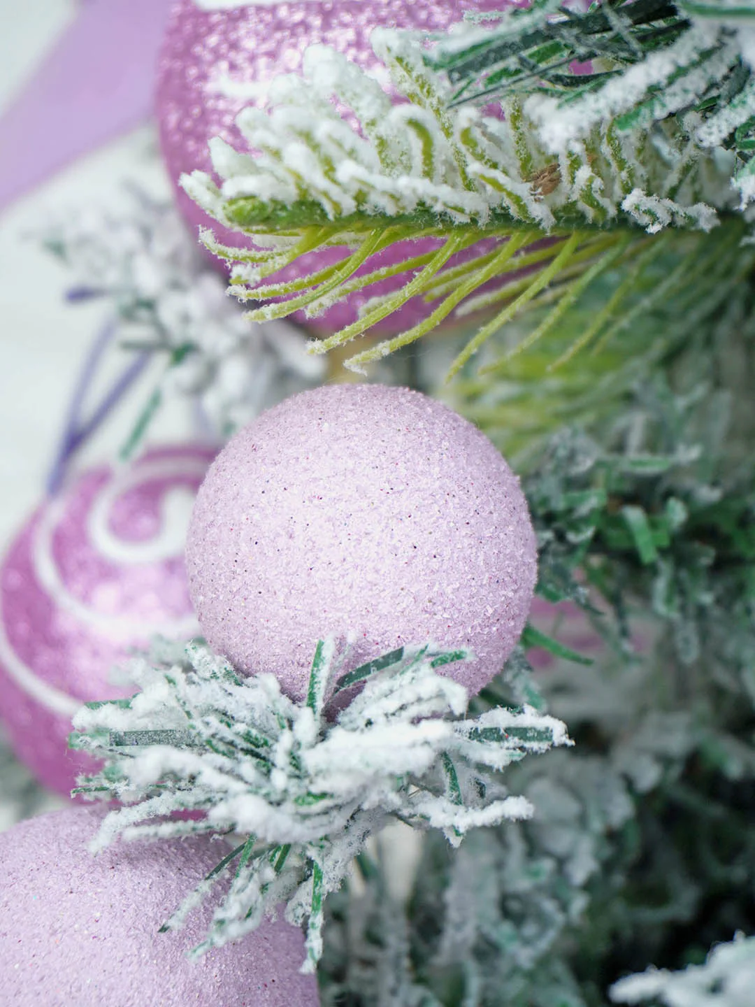 3 feet Pastel Purple Swirl Snowy Bushy Christmas Tree filled with balls and ornament Fillers - Image 6