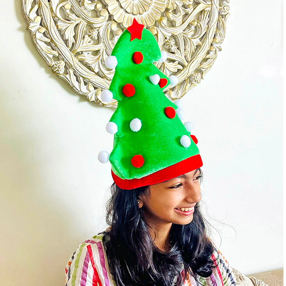 3d Green Pompom Christmas Tree shaped Velvet Plush Christmas Party Hat - Image 2
