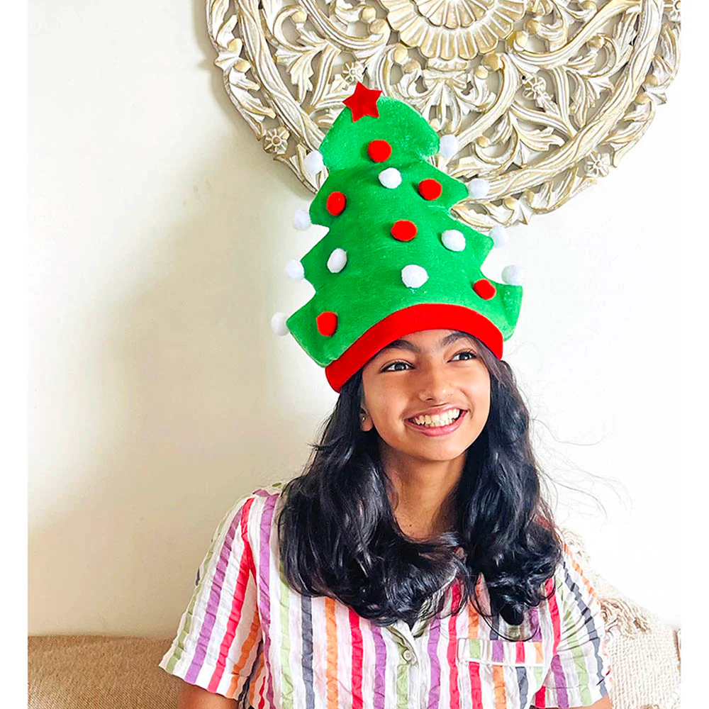 3d Green Pompom Christmas Tree shaped Velvet Plush Christmas Party Hat - Image 3