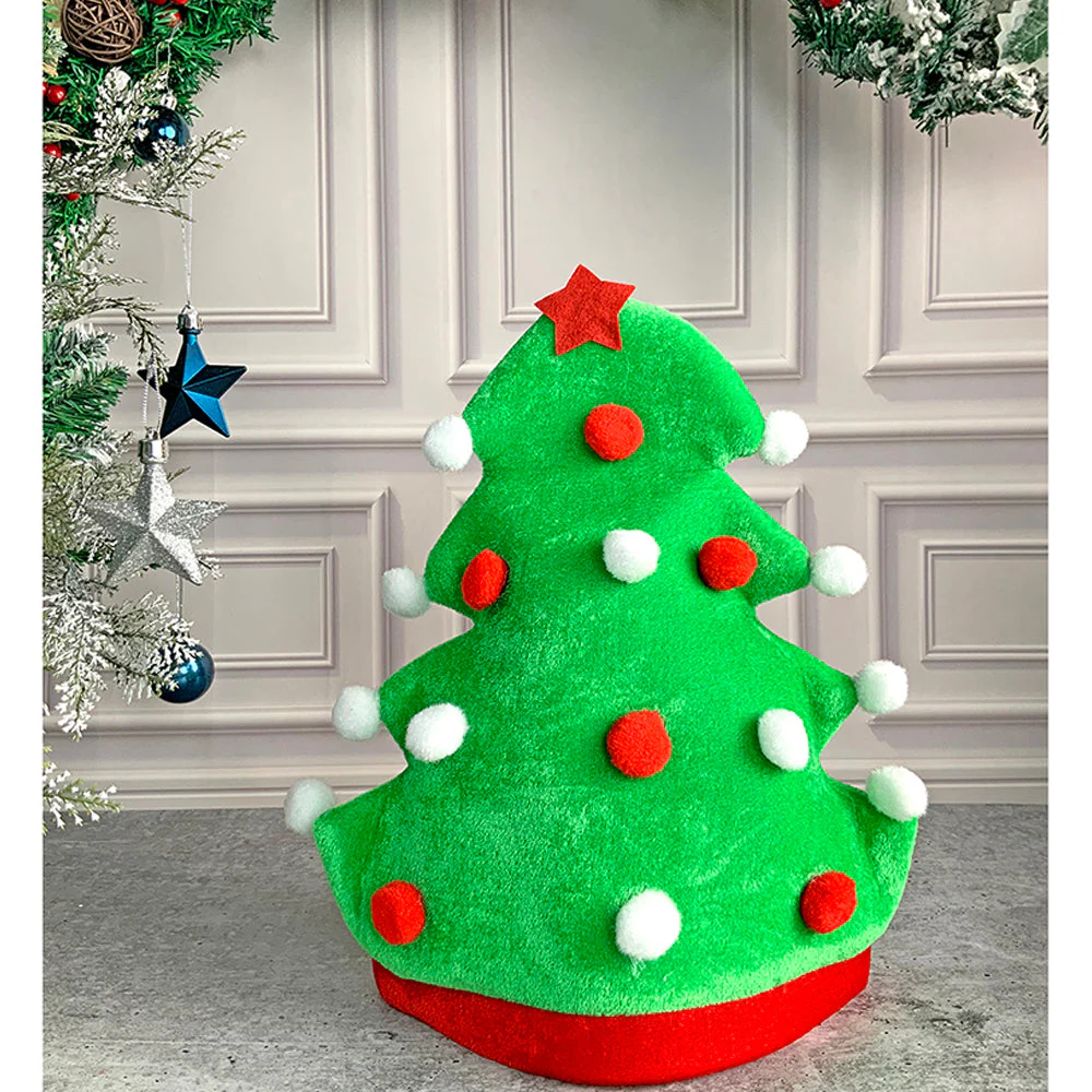 3d Green Pompom Christmas Tree shaped Velvet Plush Christmas Party Hat - Image 4