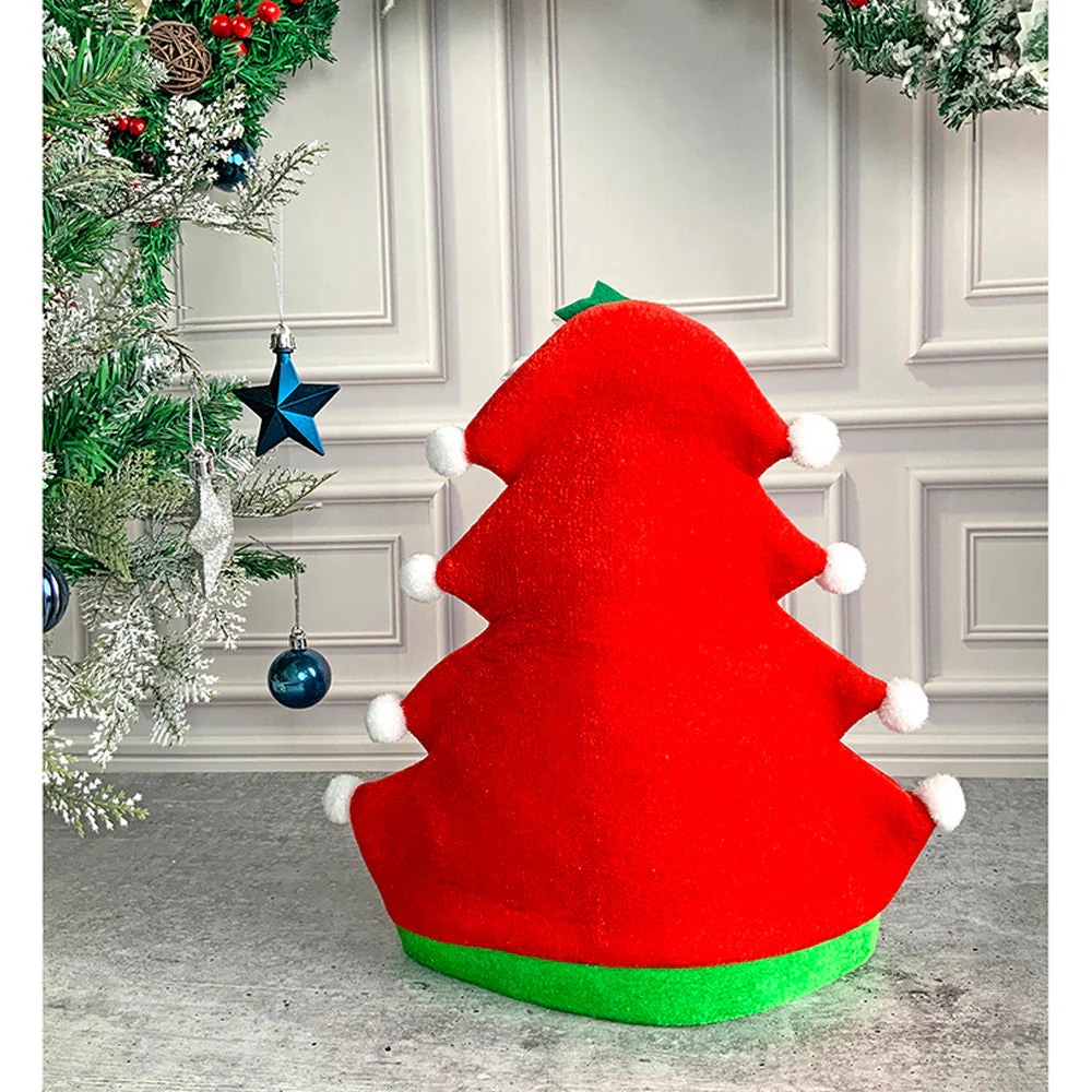 3d Red Pompom Christmas Tree shaped Velvet Plush Christmas Party Hat - Image 7