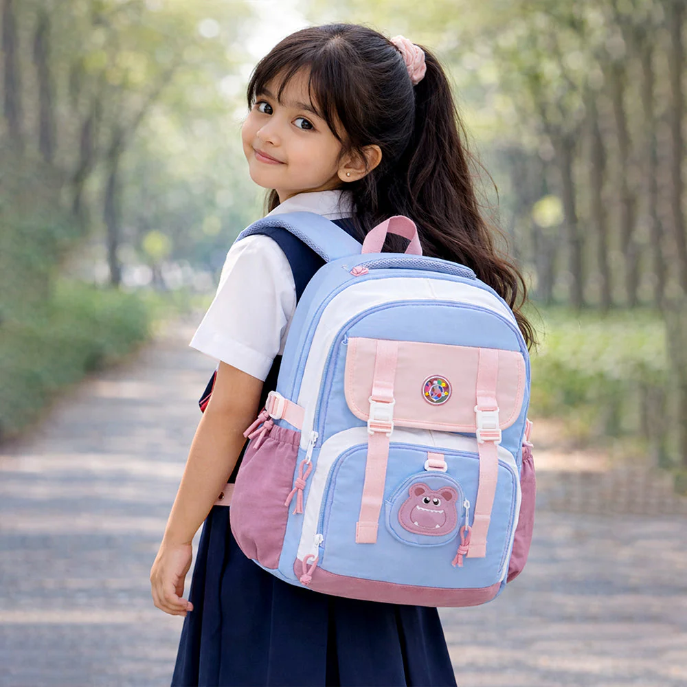Blue, Pink & Purple Color-Block with Character Pouch School Backpack for Kids - Image 2