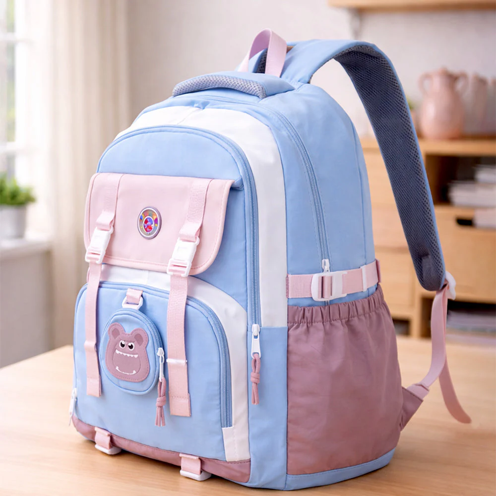 Blue, Pink & Purple Color-Block with Character Pouch School Backpack for Kids - Image 3