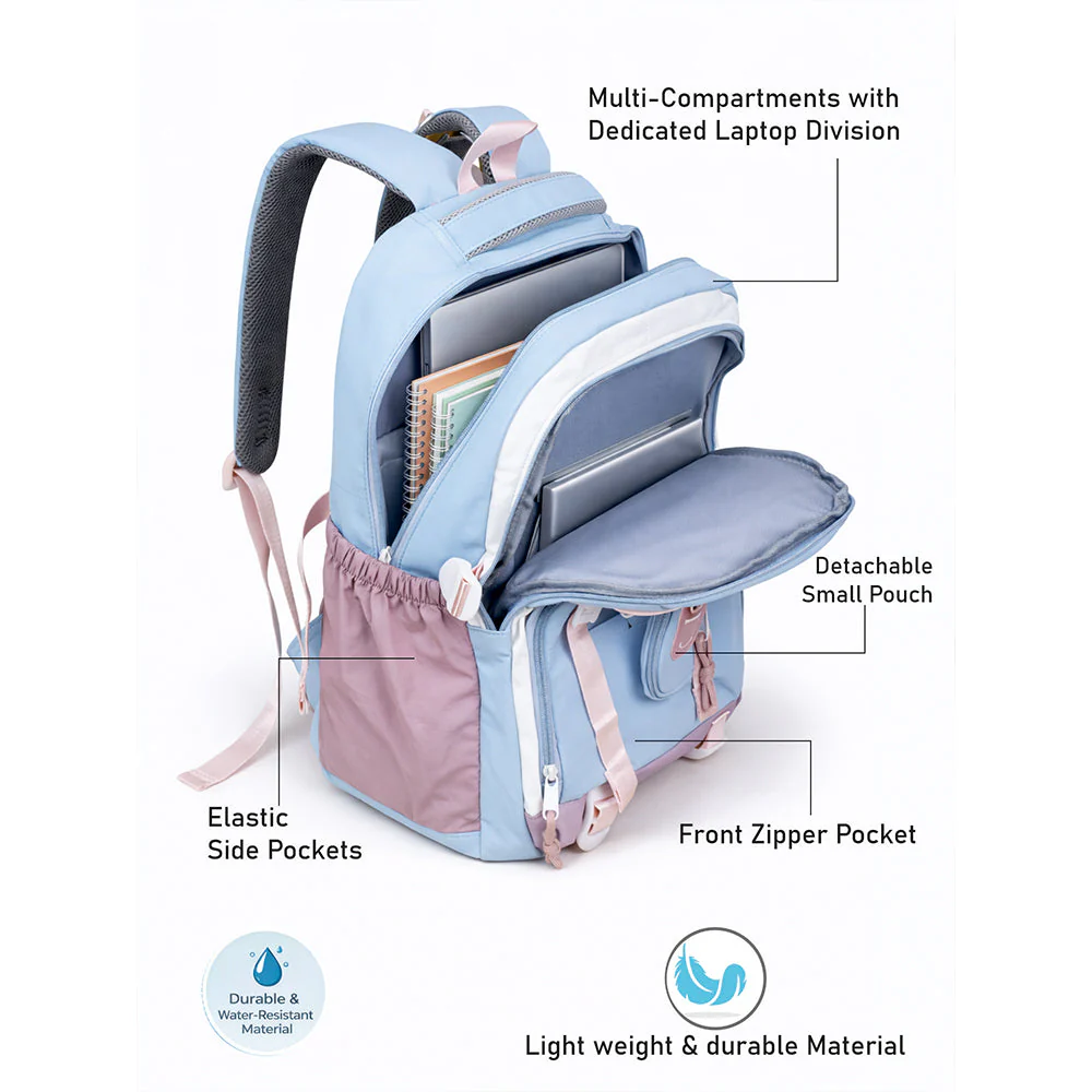 Blue, Pink & Purple Color-Block with Character Pouch School Backpack for Kids - Image 4