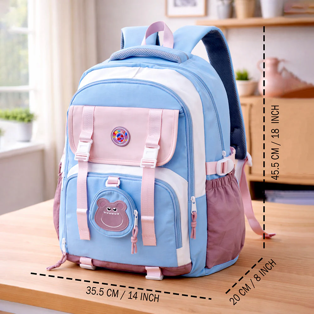 Blue, Pink & Purple Color-Block with Character Pouch School Backpack for Kids - Image 6