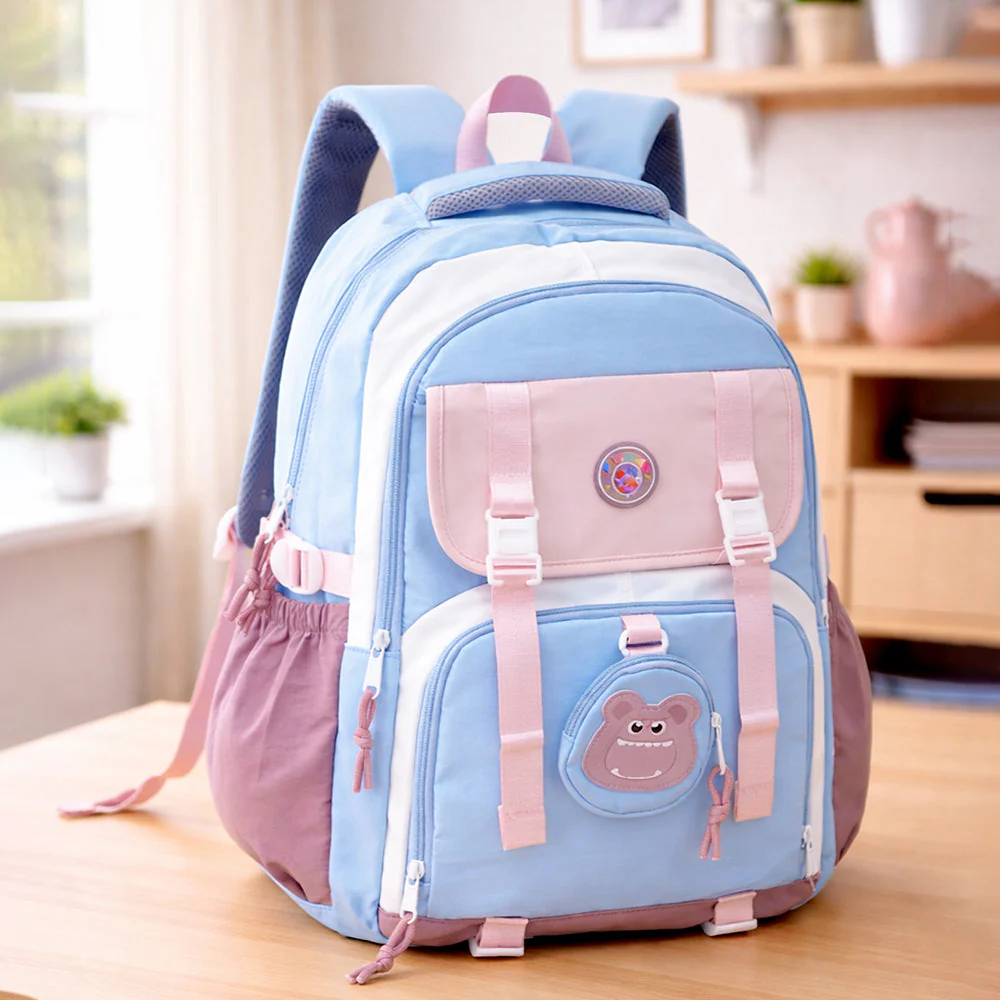 Blue, Pink & Purple Color-Block with Character Pouch School Backpack for Kids - Image 7