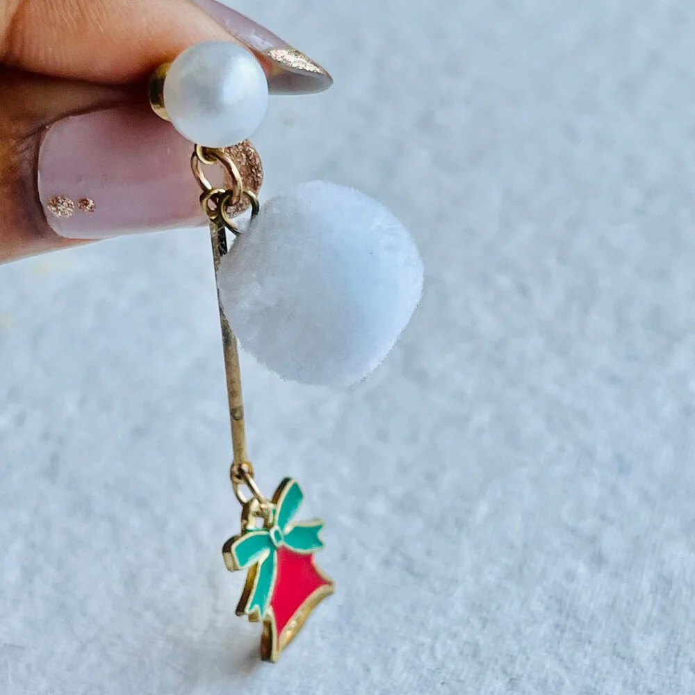 Christmas earrings accessories party wear, White Pompom hanging with Bells - Image 2