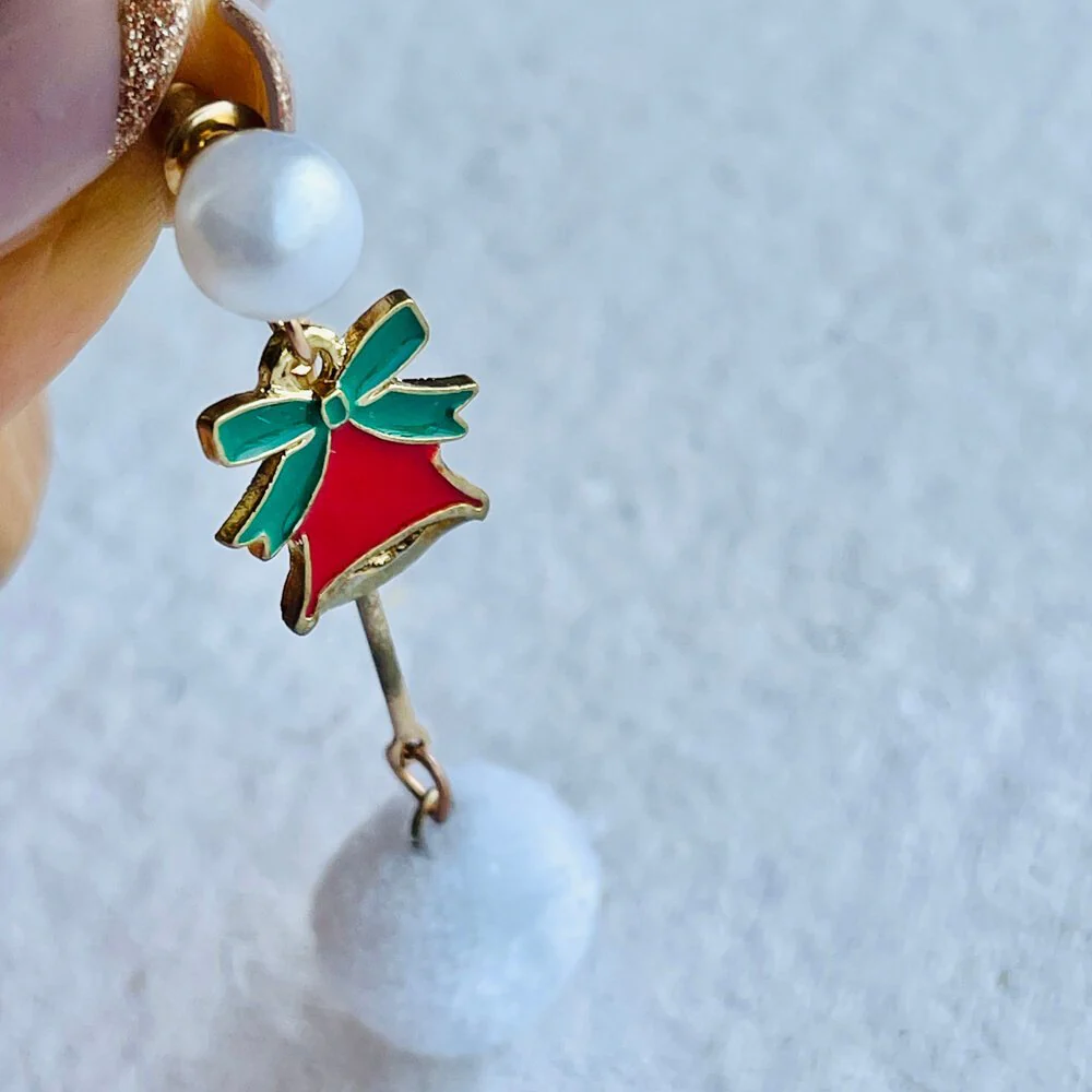 Christmas earrings accessories party wear, White Pompom hanging with Bells - Image 3