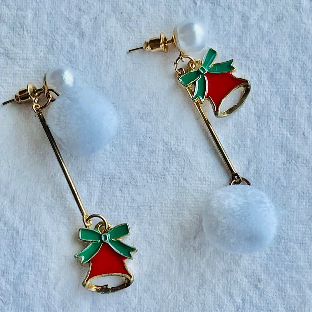 Christmas earrings accessories party wear, White Pompom hanging with Bells - Image 4