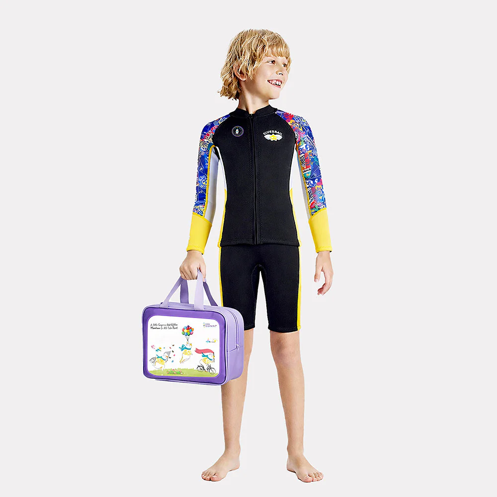 Dive 2-Piece set Black & Yellow Stamps Front-Zip Jacket Printed with Knee Length Shorts, 2.5mm Neoprene Kids Swimsuit with Free Washbag - Image 5