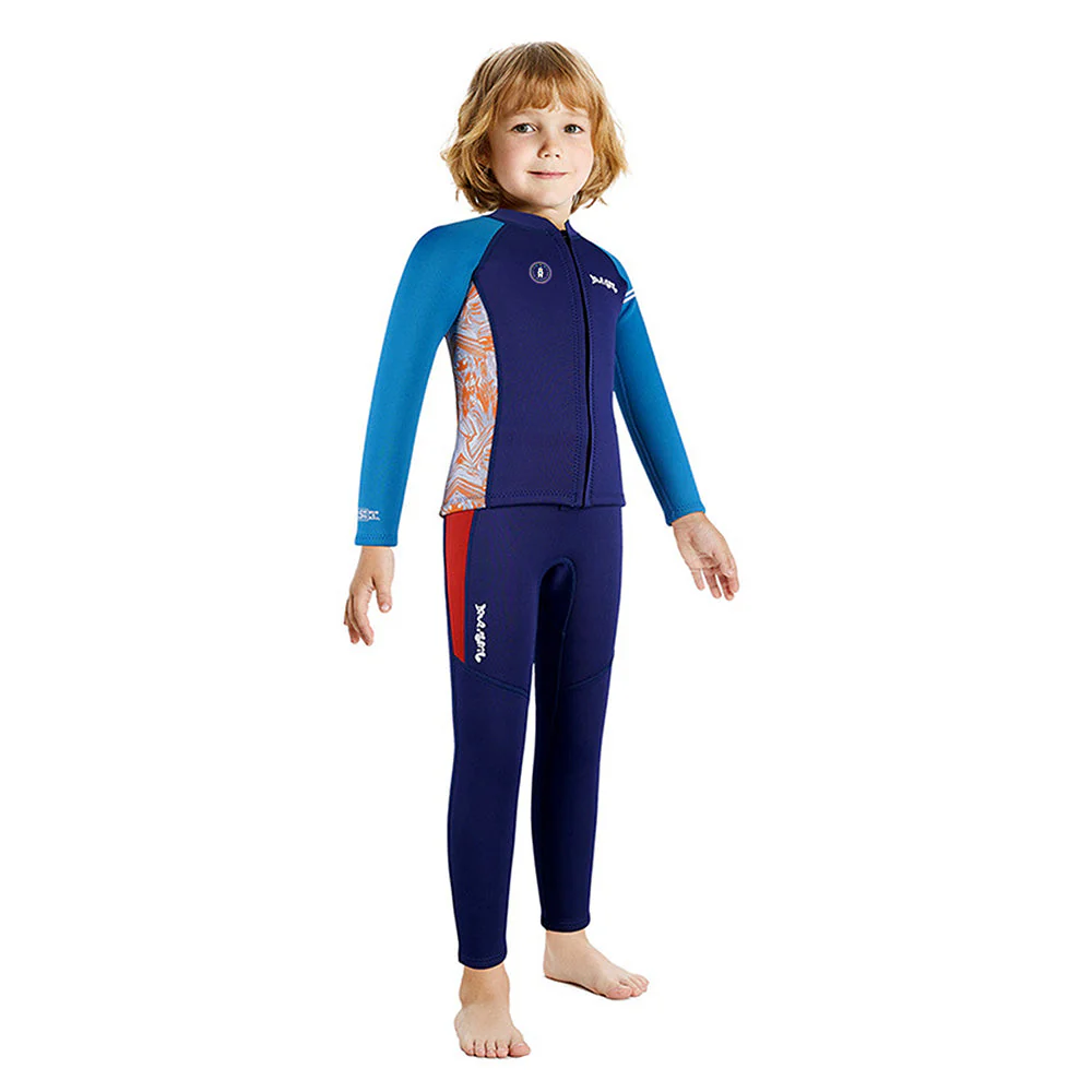 Dive 2-Piece set Navy & Orange Side Panel, Front-Zip Jacket with Full Length Pants, 2.5mm Neoprene Kids Swimsuit with Free Washbag - Image 3
