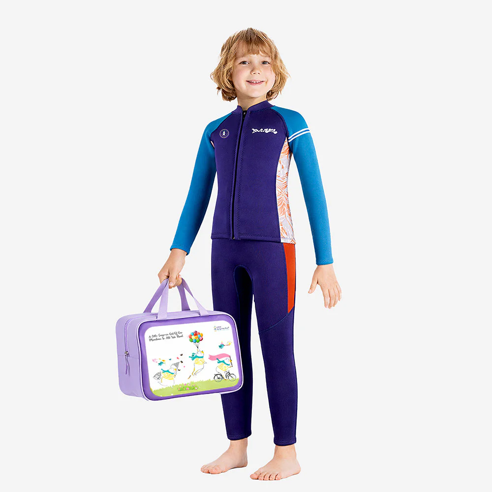 Dive 2-Piece set Navy & Orange Side Panel, Front-Zip Jacket with Full Length Pants, 2.5mm Neoprene Kids Swimsuit with Free Washbag - Image 5
