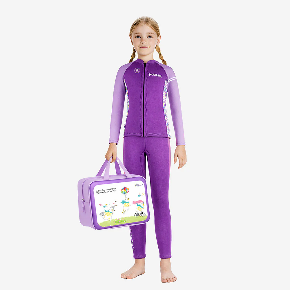 Dive 2-Piece set Purple & Pink Side Panel, Front-Zip Jacket with Full Length Pants, 2.5mm Neoprene Kids Swimsuit with Free Washbag - Image 3