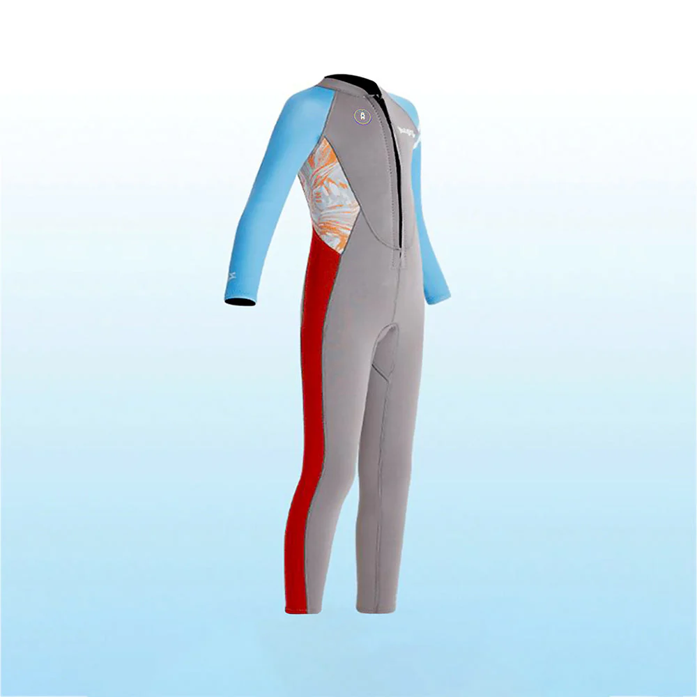 Dive Grey, Blue & Red, Full Length 2.5 mm Neoprene Kids Swimsuit with Free Washbag - Image 2