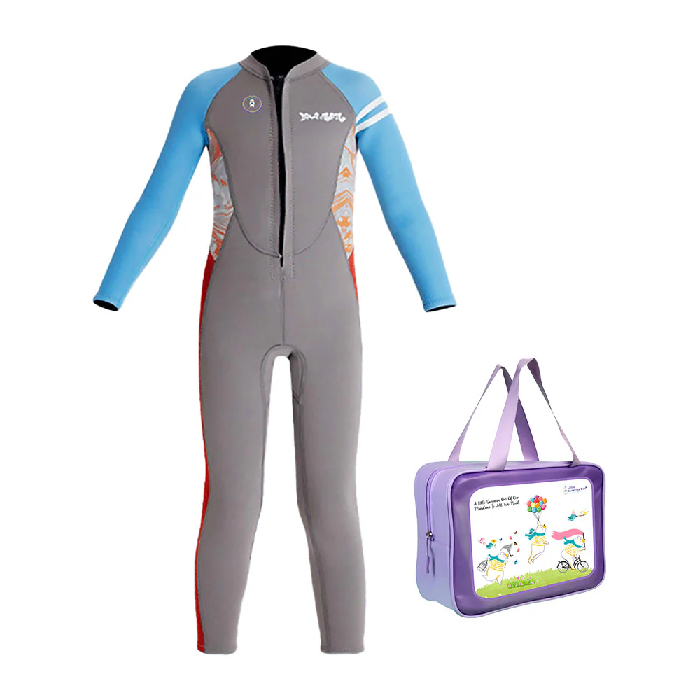 Dive Grey, Blue & Red, Full Length 2.5 mm Neoprene Kids Swimsuit with Free Washbag - Image 5