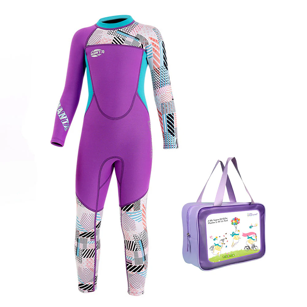 Dive Purple & Teal Geometric Printed Full Length 2.5mm Neoprene Kids Swimsuit with Free Washbag - Image 5