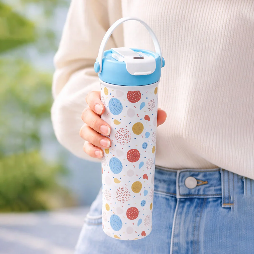 Light Blue & orange sprinkles soft silicone handle series, Stainless Steel Tumbler and Water Bottle for kids, Teens and Adults, 650 ml - Image 2