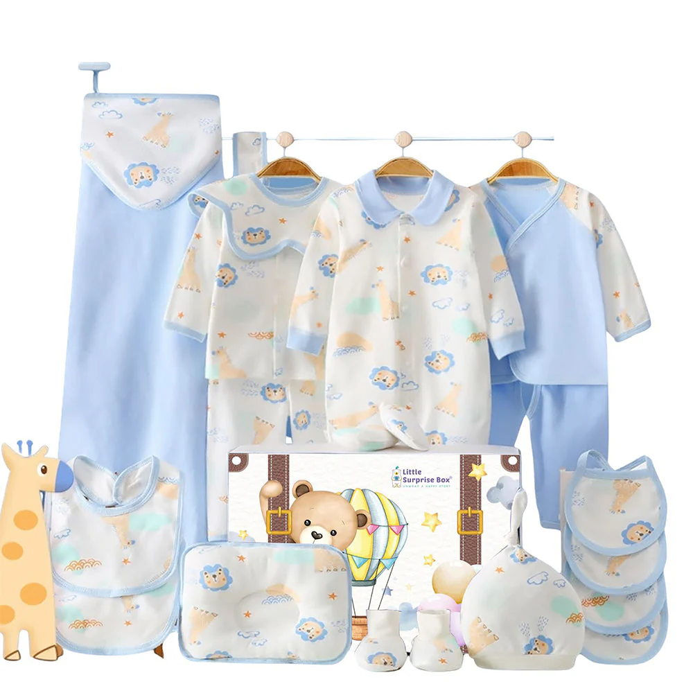Little Surprise Box, 20 pcs Blue Animal Kingdom  Newborn Baby Girl/ Boy Gift Box, all season wear Hamper, (0 - 12 months)