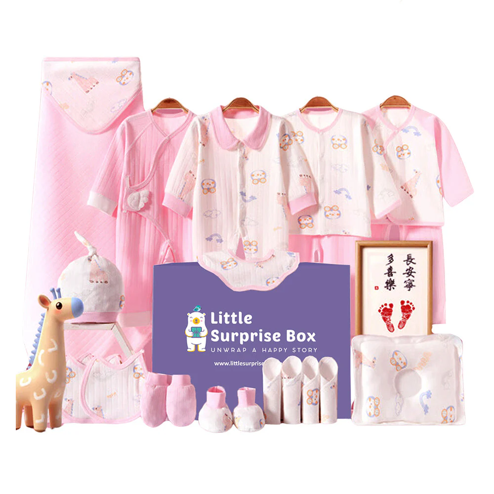 Little Surprise Box, 22pcs Pink Penguin Newborn Baby Girl/ Boy Gift Box , all season wear Gift Hamper, (0 - 12 months)