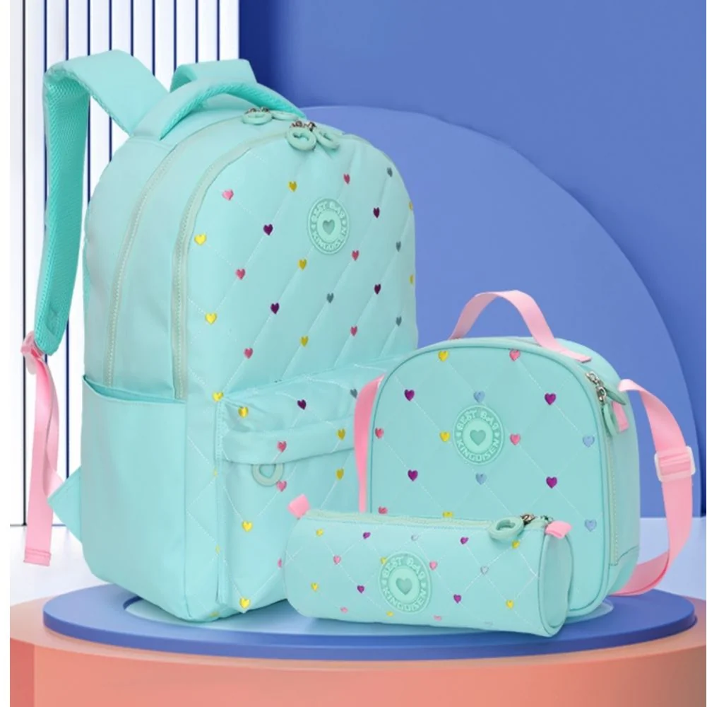 Little Surprise Box, 3pcs Mint Mini Heart Matching Backpack, Lunch Bag and Stationery Pouch