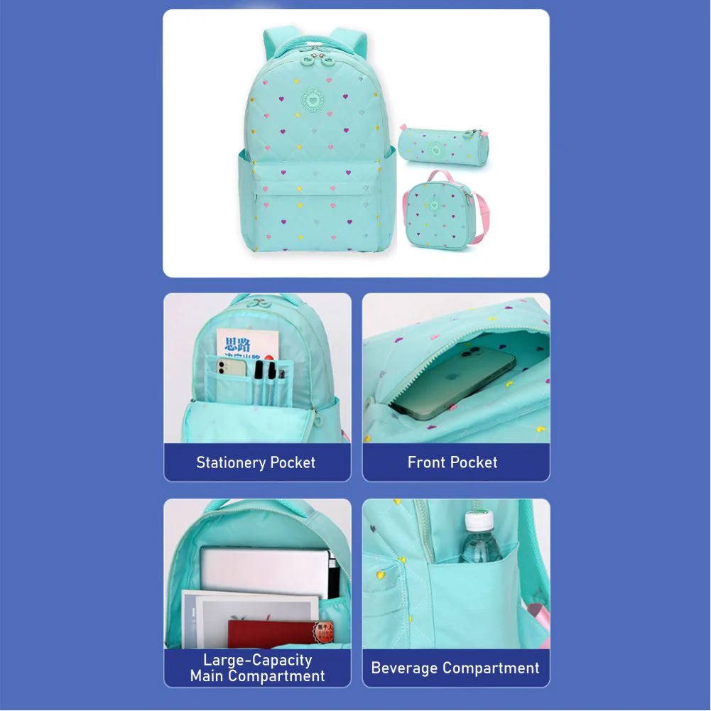 Little Surprise Box, 3pcs Mint Mini Heart Matching Backpack, Lunch Bag and Stationery Pouch - Image 6