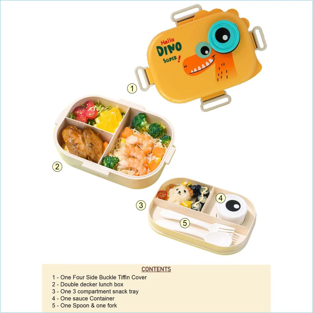 Little Surprise Box, Orange Big Eye Dino 2 decker Lunch Box for Kids - Image 7