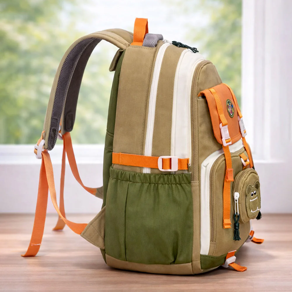Orange, Brown & Green Color-Block with Character Pouch School Backpack for Kids - Image 3