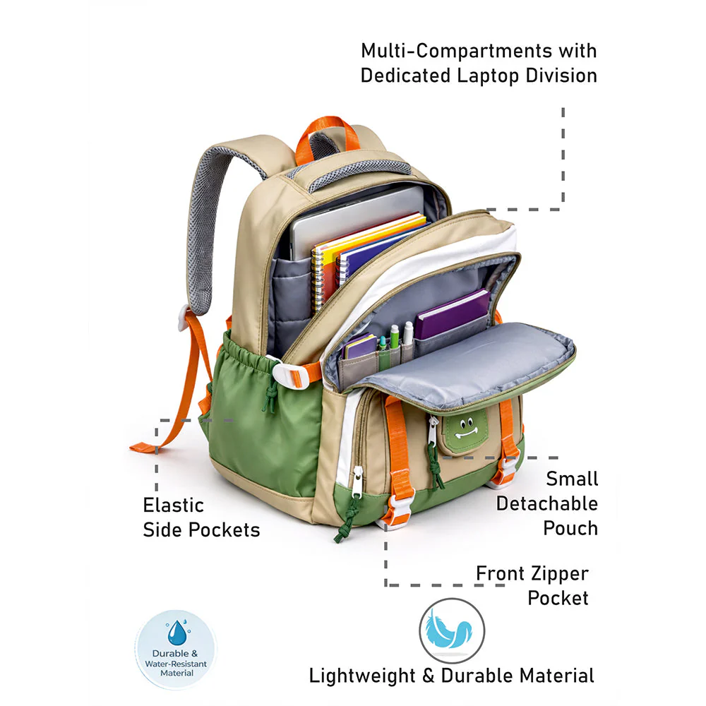Orange, Brown & Green Color-Block with Character Pouch School Backpack for Kids - Image 4