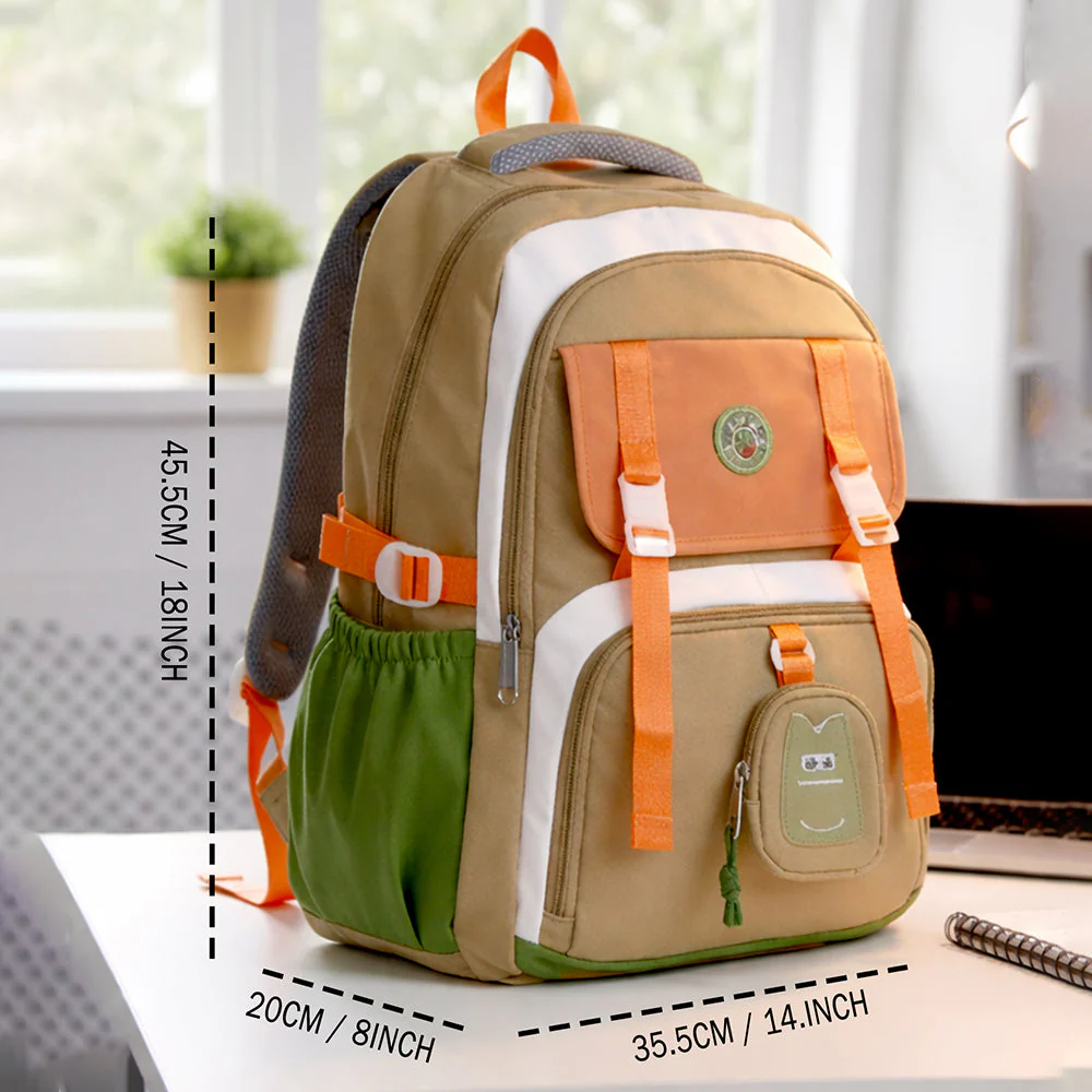 Orange, Brown & Green Color-Block with Character Pouch School Backpack for Kids - Image 6