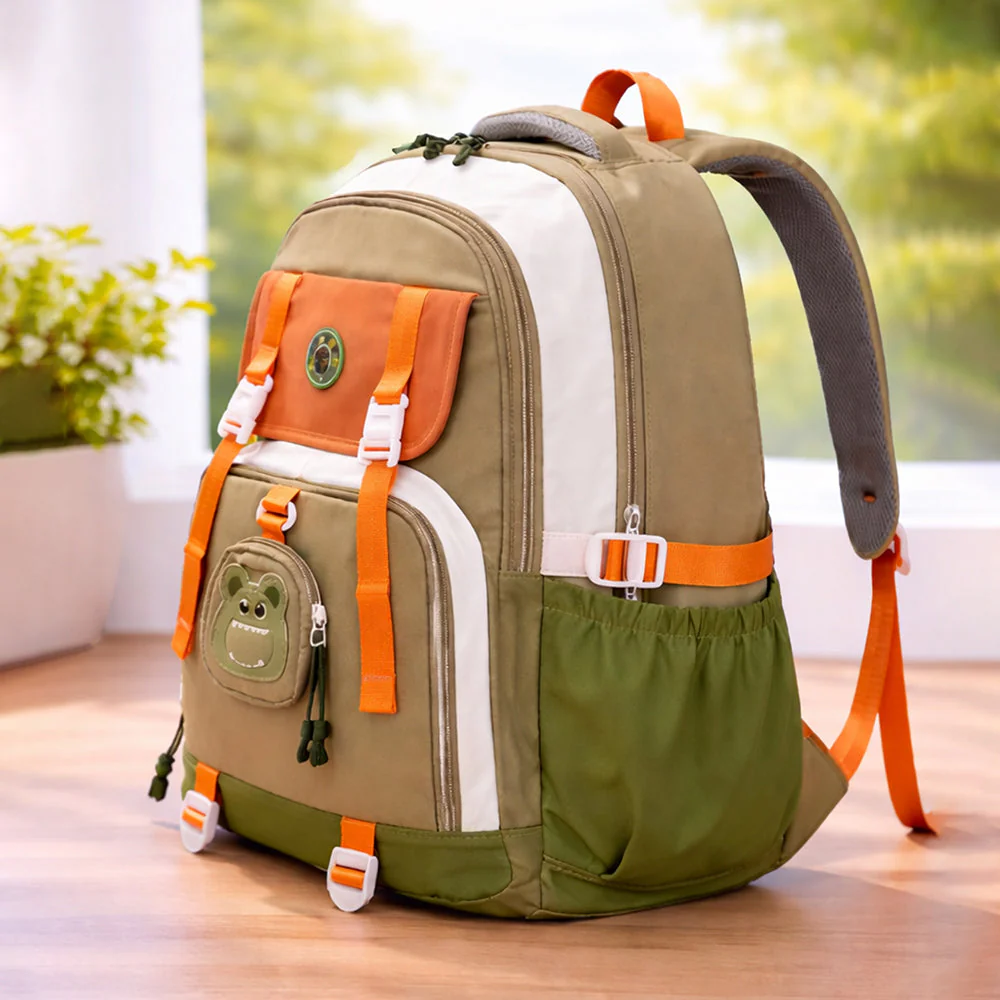 Orange, Brown & Green Color-Block with Character Pouch School Backpack for Kids - Image 7