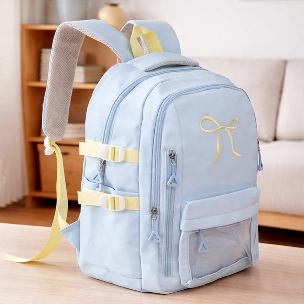 Pastel Blue Bow Multi-Pocket School Backpack for Kids & Teens - Image 3