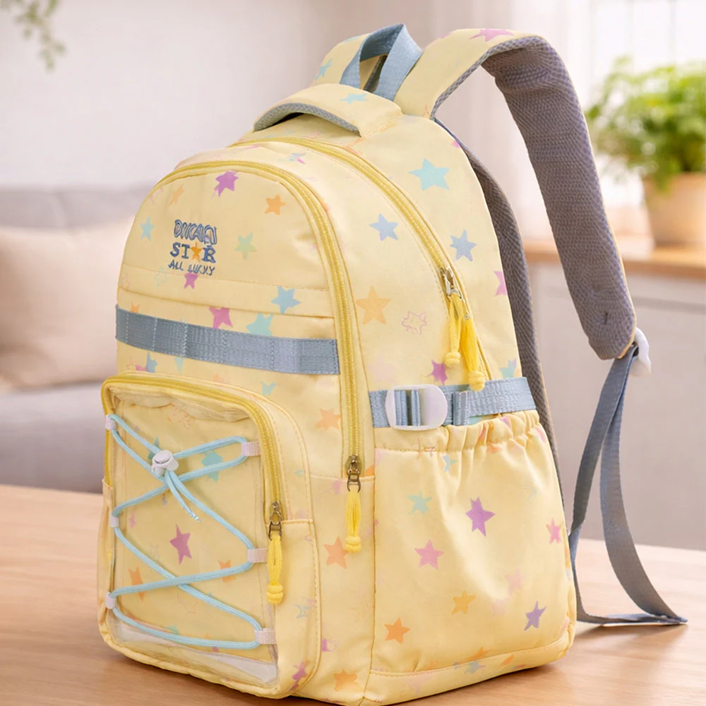 Pastel Yellow Star Print with Front Bungee Pocket School Backpack with Detachable Plush Star Keychain & Star Pins for Kids - Image 3