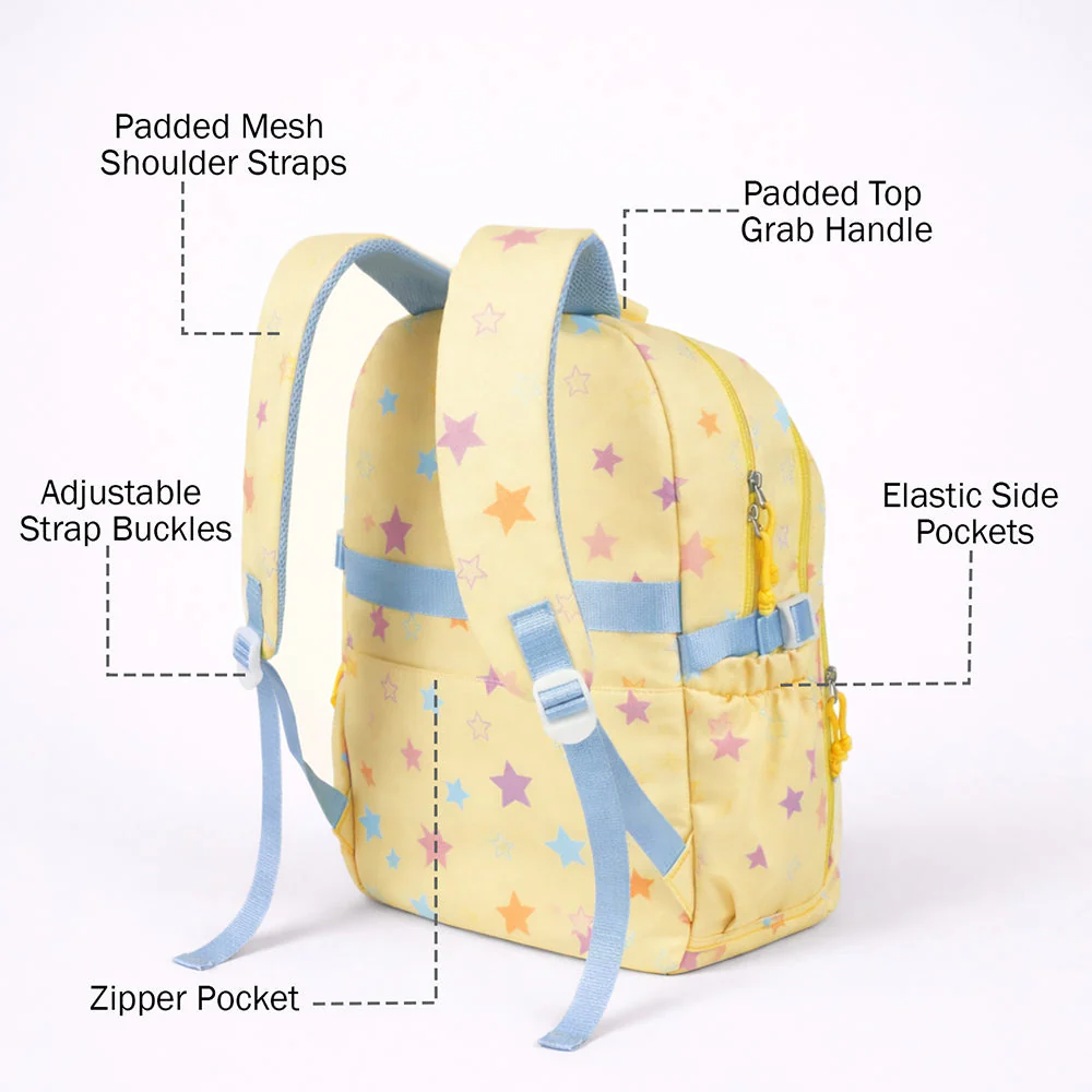 Pastel Yellow Star Print with Front Bungee Pocket School Backpack with Detachable Plush Star Keychain & Star Pins for Kids - Image 4