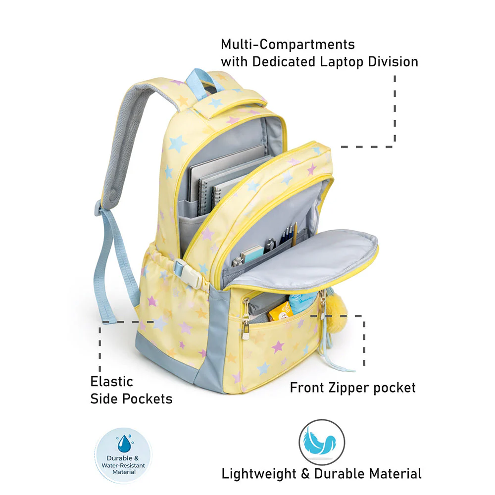 Pastel Yellow Star Print with Front Bungee Pocket School Backpack with Detachable Plush Star Keychain & Star Pins for Kids - Image 5