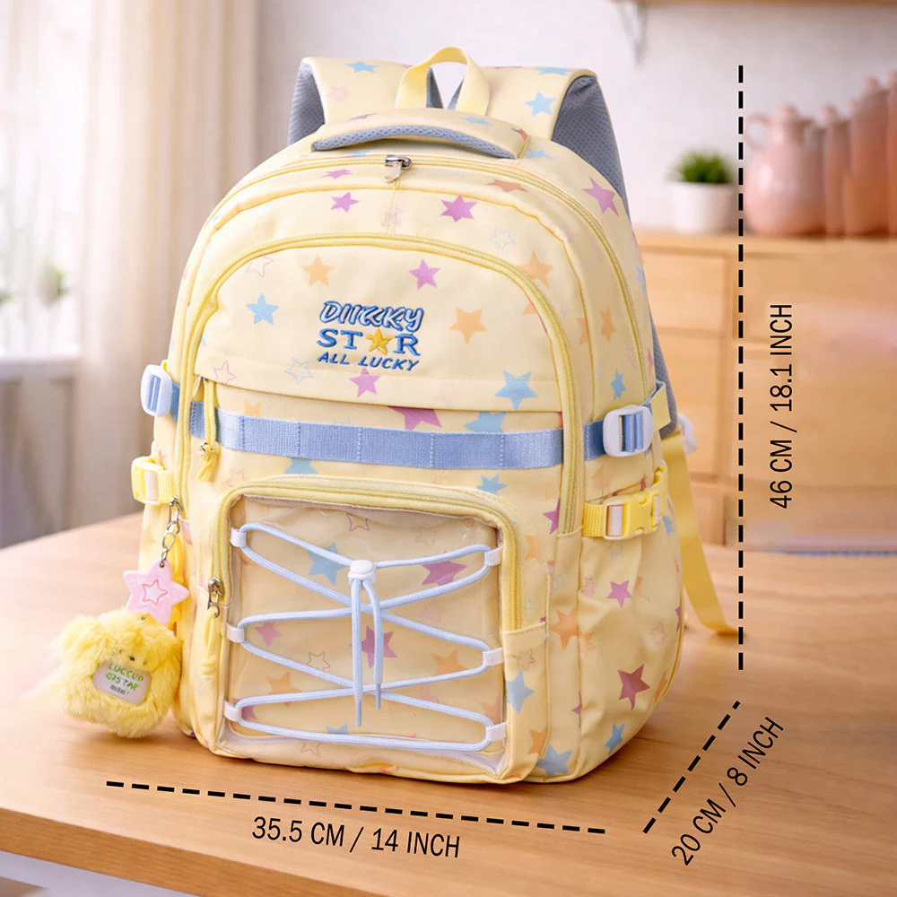 Pastel Yellow Star Print with Front Bungee Pocket School Backpack with Detachable Plush Star Keychain & Star Pins for Kids - Image 6