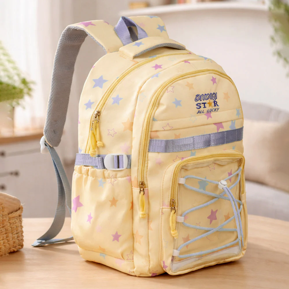 Pastel Yellow Star Print with Front Bungee Pocket School Backpack with Detachable Plush Star Keychain & Star Pins for Kids - Image 7