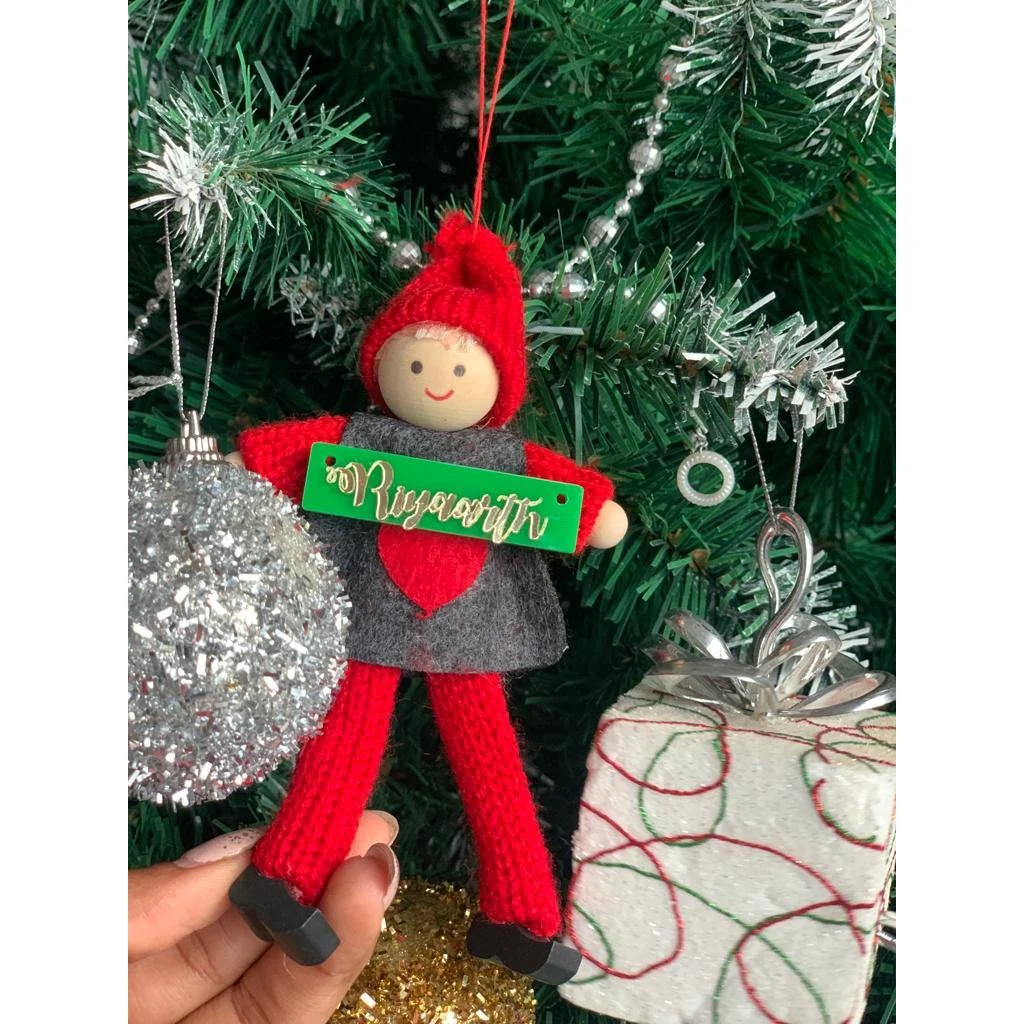 Personalised Grey Poncho Wooden Doll - Boy Tree Ornament