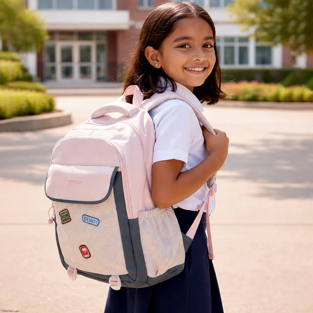 Pink & Grey Badge styled School Backpack for Kids & Teens - Image 2