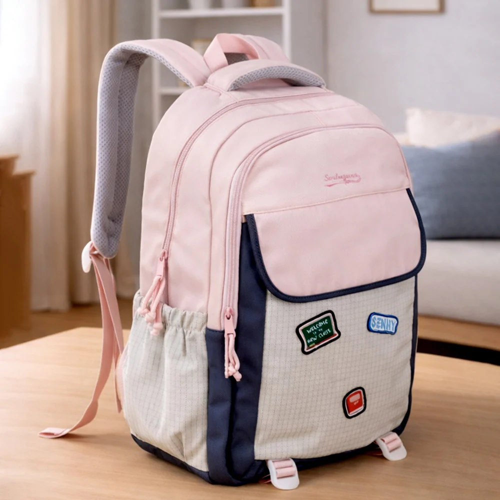 Pink & Grey Badge styled School Backpack for Kids & Teens - Image 3
