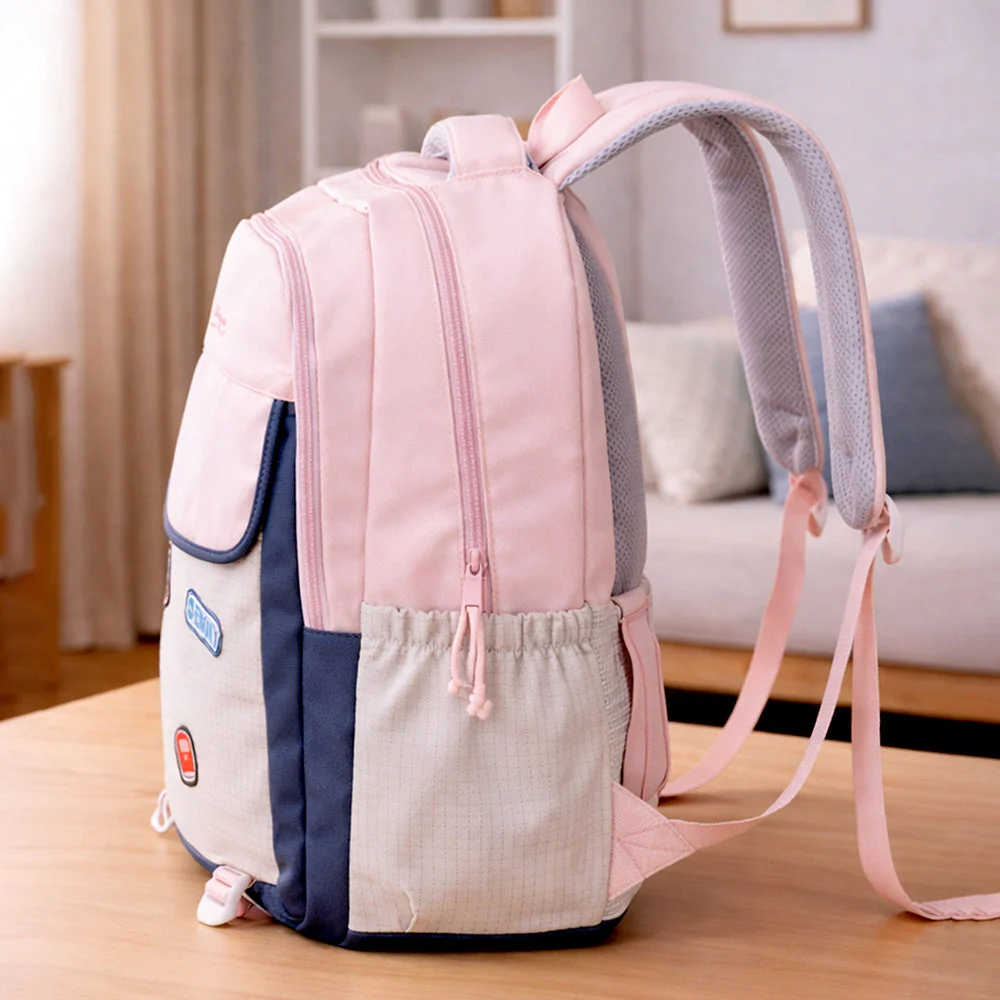 Pink & Grey Badge styled School Backpack for Kids & Teens - Image 7