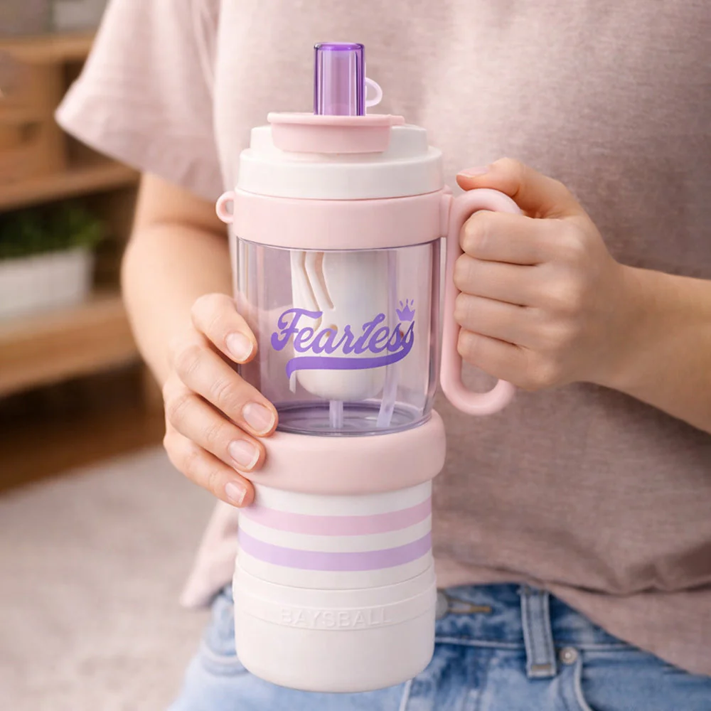 Pink White 4 in one Water Bottle , infuser & mini snack box for teens and Adults, 1000ml - Image 2
