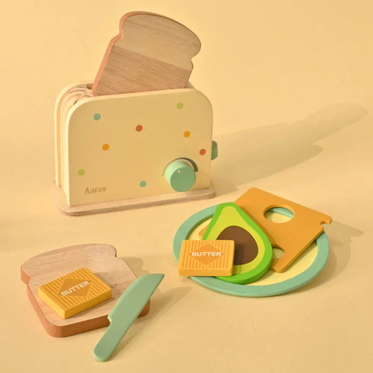 Playbox Roasty Toasty Wooden Toaster Kitchen Set Toddler & Kids Pretend Play Cooking Toy Set (1 Years +) Imagination and Creativity | Kids Toys for Cooking Simulation Educational Toys