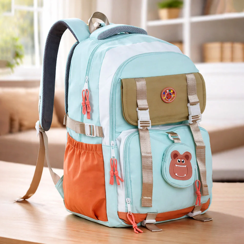 Teal, Orange & Brown Color-Block with Character Pouch School Backpack for Kids - Image 3