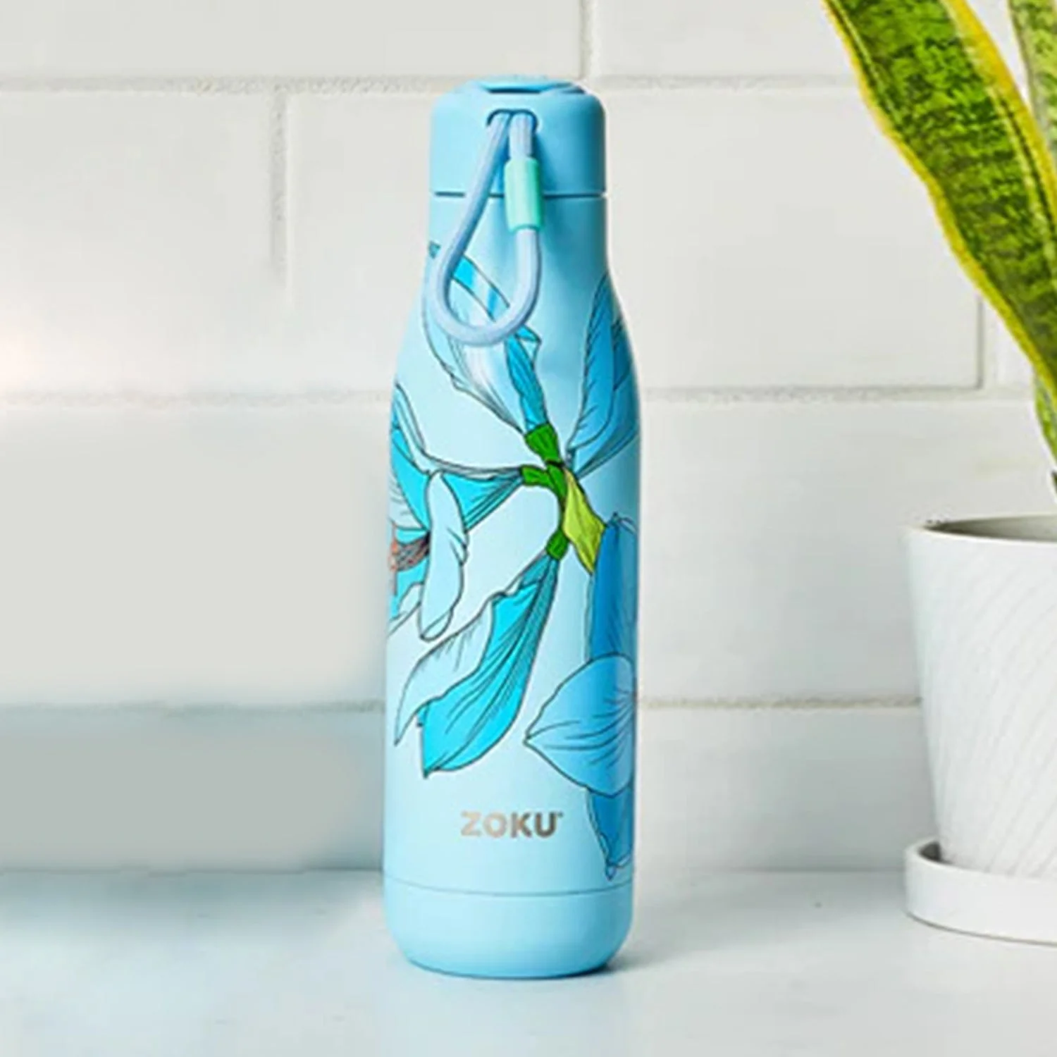 thinKitchen™ Zoku Stainless Steel Sky Lily Floral Bottle, Blue, 750ml
