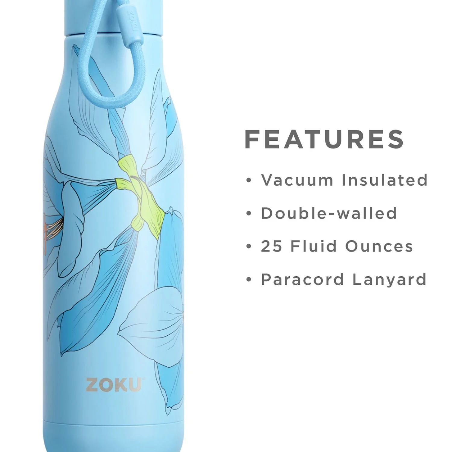 thinKitchen™ Zoku Stainless Steel Sky Lily Floral Bottle, Blue, 750ml - Image 4